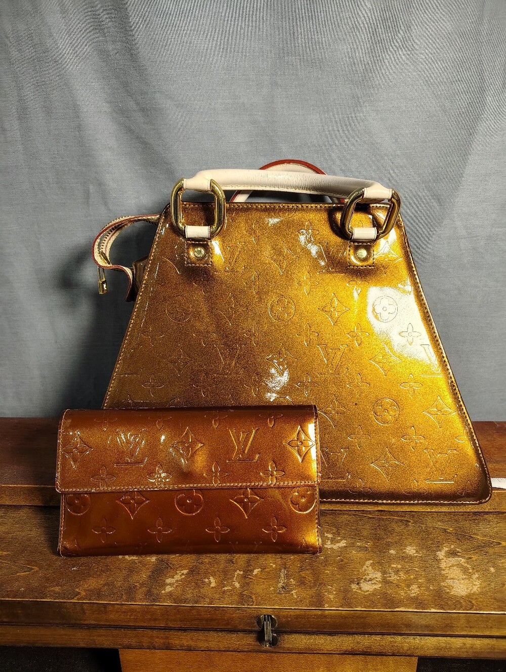 Louis Vuitton Metallic Gold Vernis Top-Handle Bag with Matching Wallet